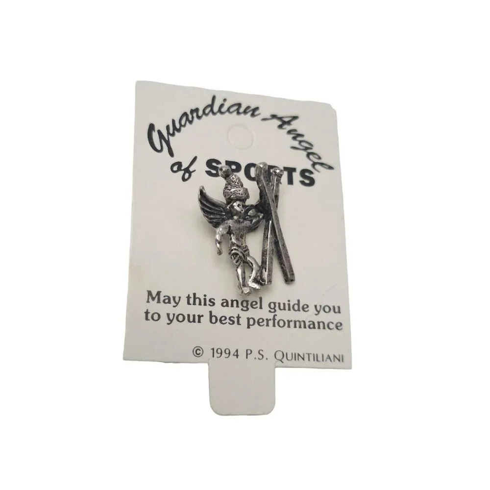 Guardian Angel of Sports Skier Lapel Brooch Pin Silver Tone Vintage